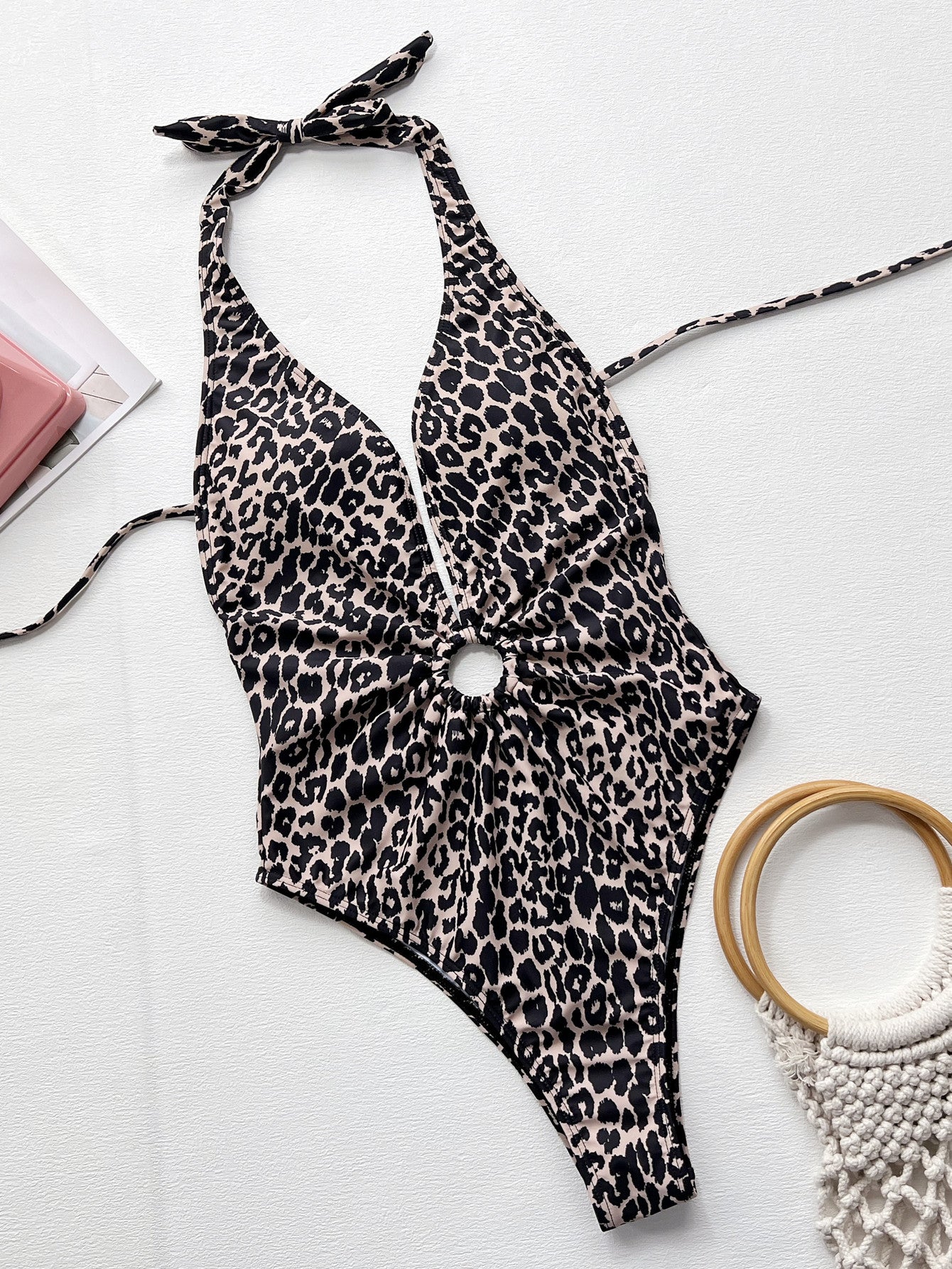 "Frida" Leopard Halter Neck Ring Detail One-Piece Swimsuit