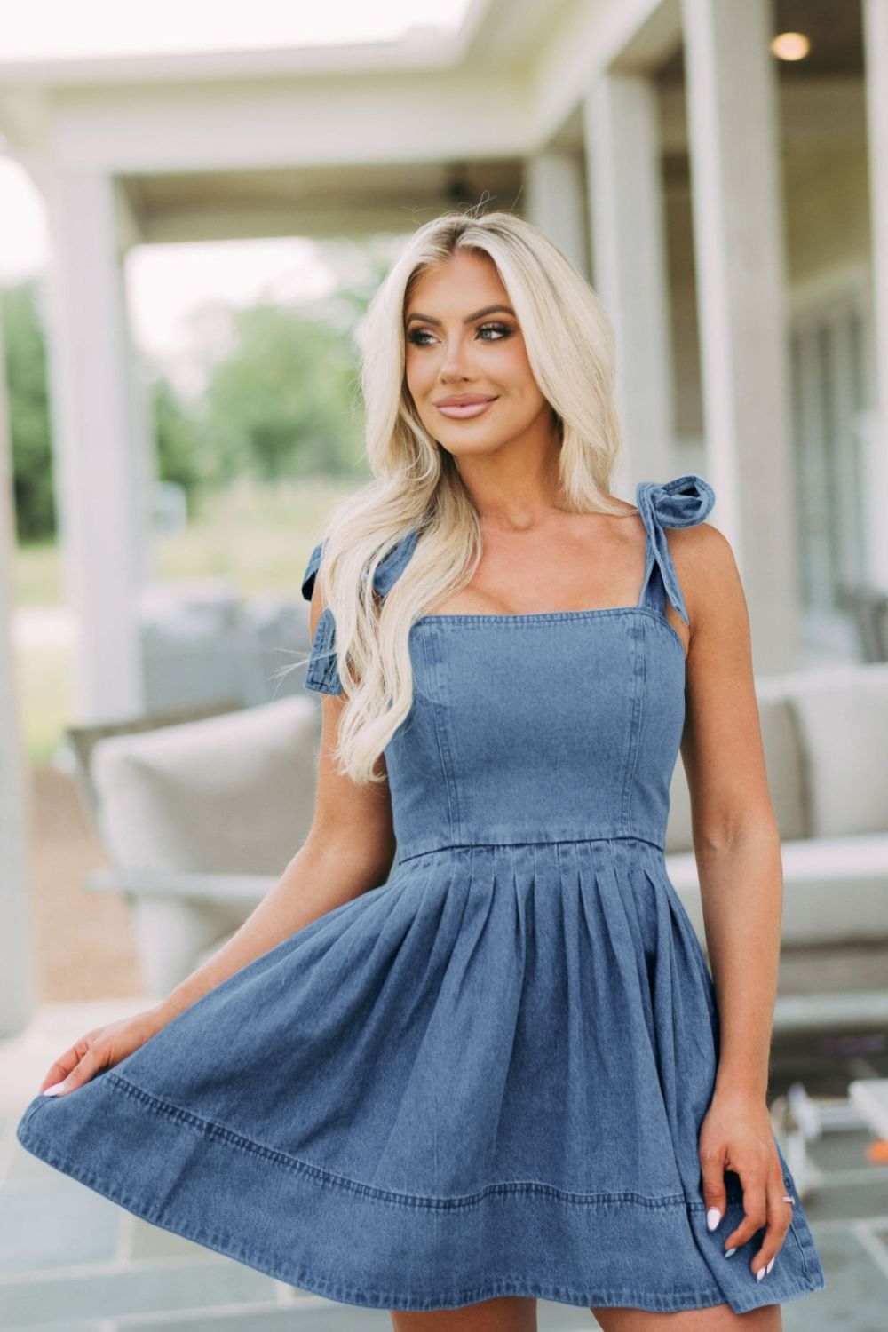 Tori Square Neck Tie Shoulder Denim Dress