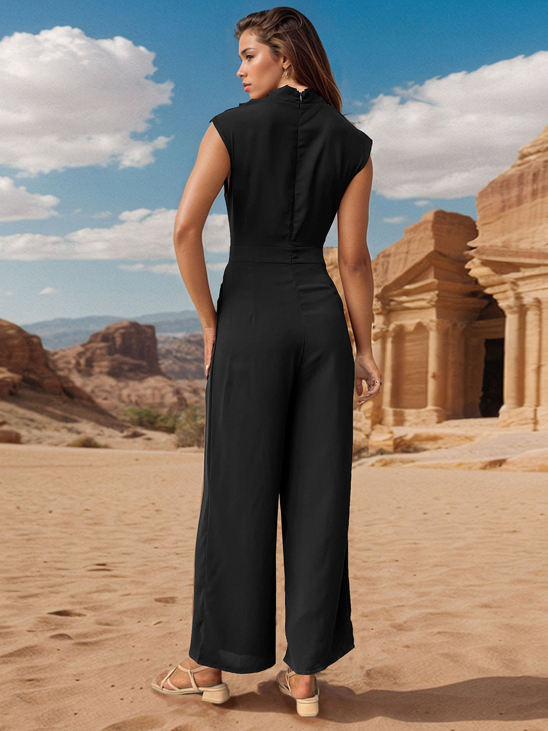 Elayna Ruched Mock Neck Sleeveless Jumpsuit