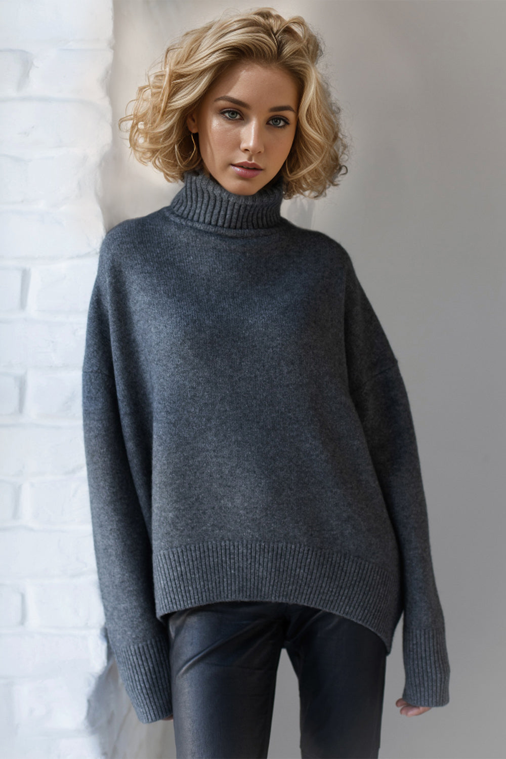 Cozy Bliss Turtleneck Dropped Shoulder Long Sleeve Sweater