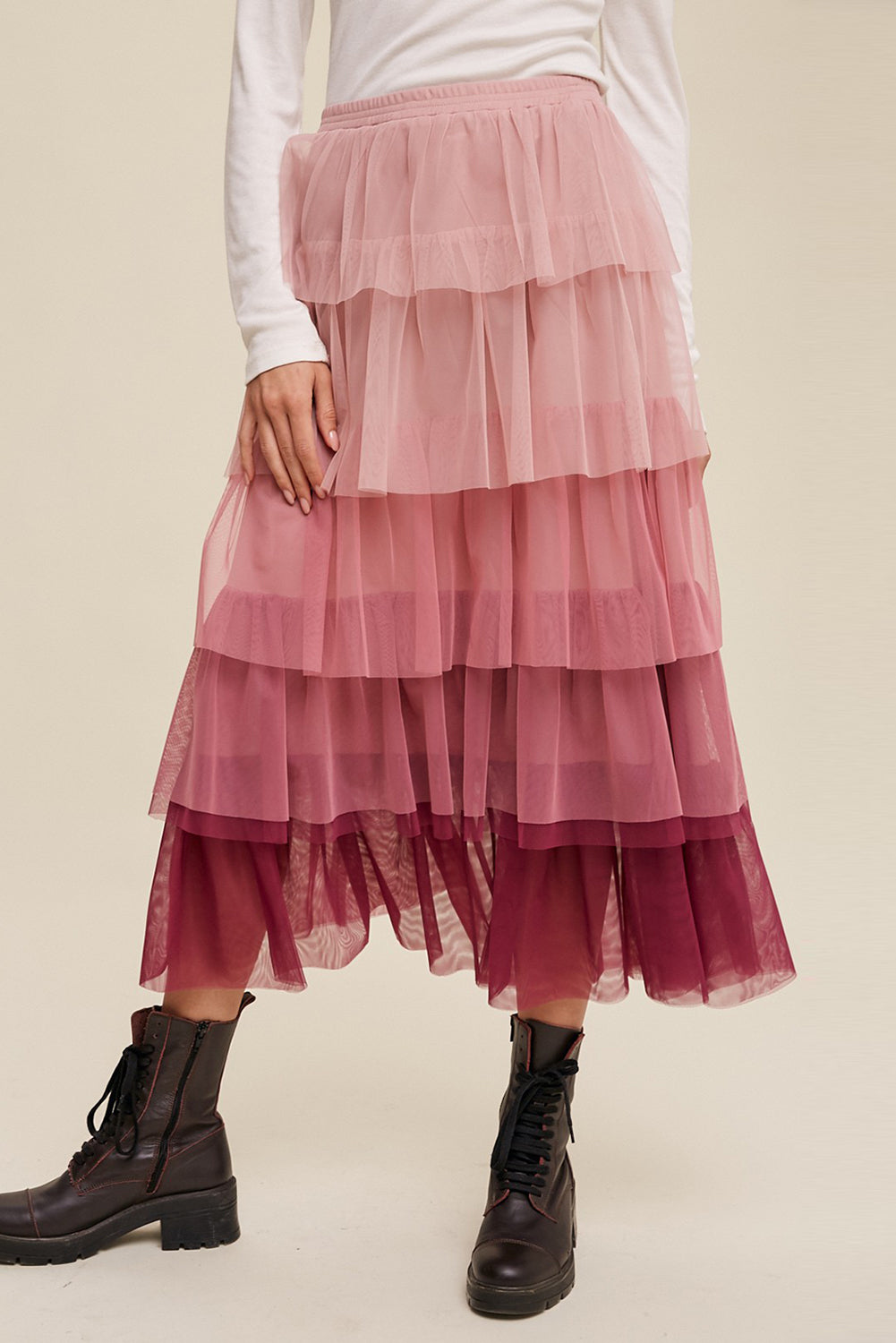 Tulle Hues Elastic Waist Layered Tulle Midi Skirt