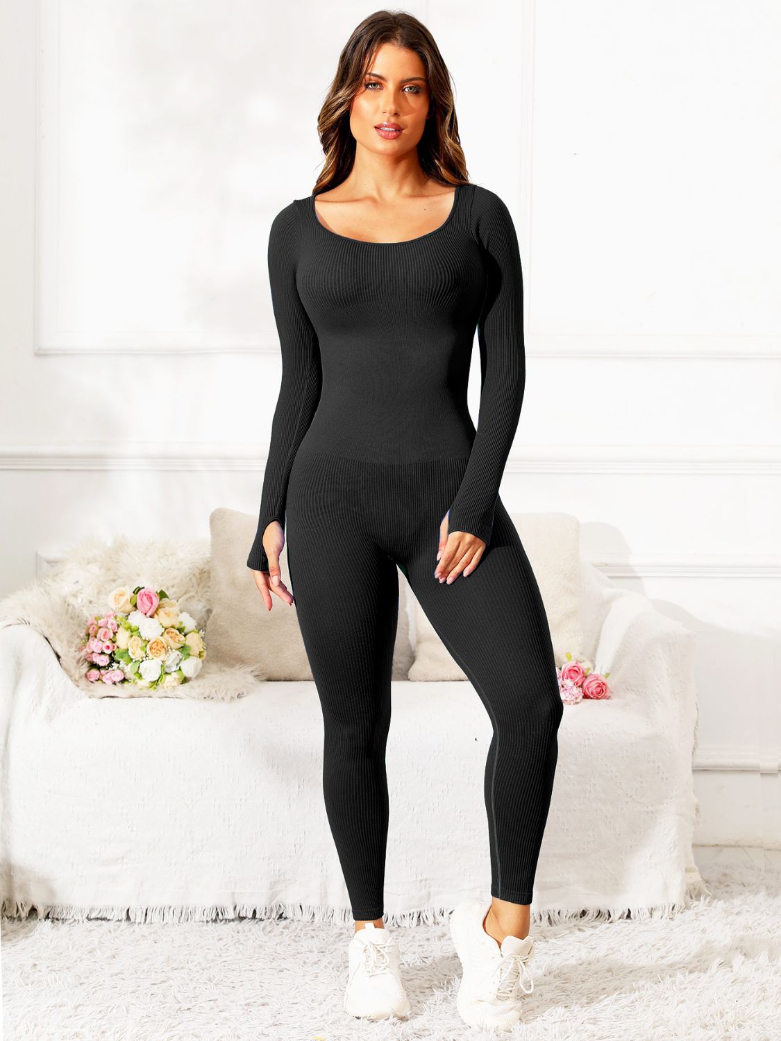 Oanez Scoop Neck Long Sleeve Active Jumpsuit