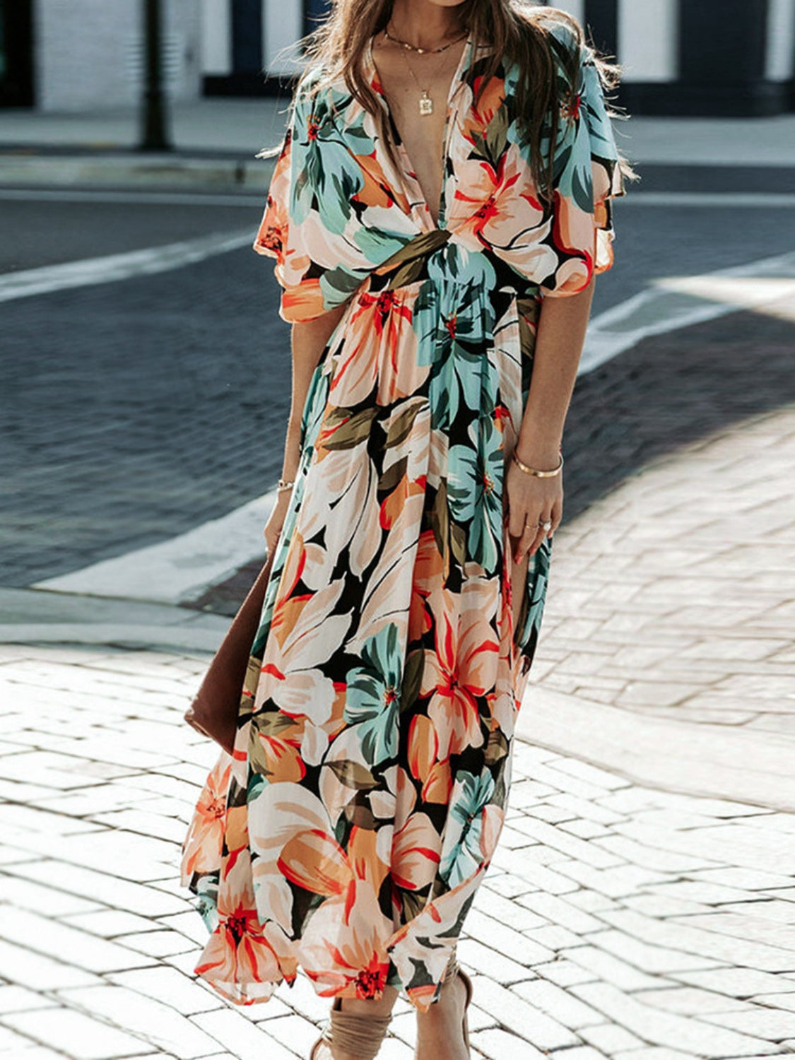 Cammie Floral Plunge Half Sleeve Dress