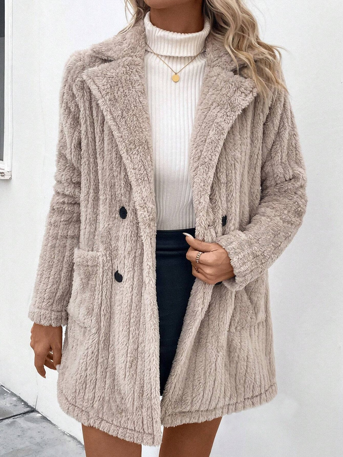 Calista Fuzzy Button Up Long Sleeve Coat with Pockets