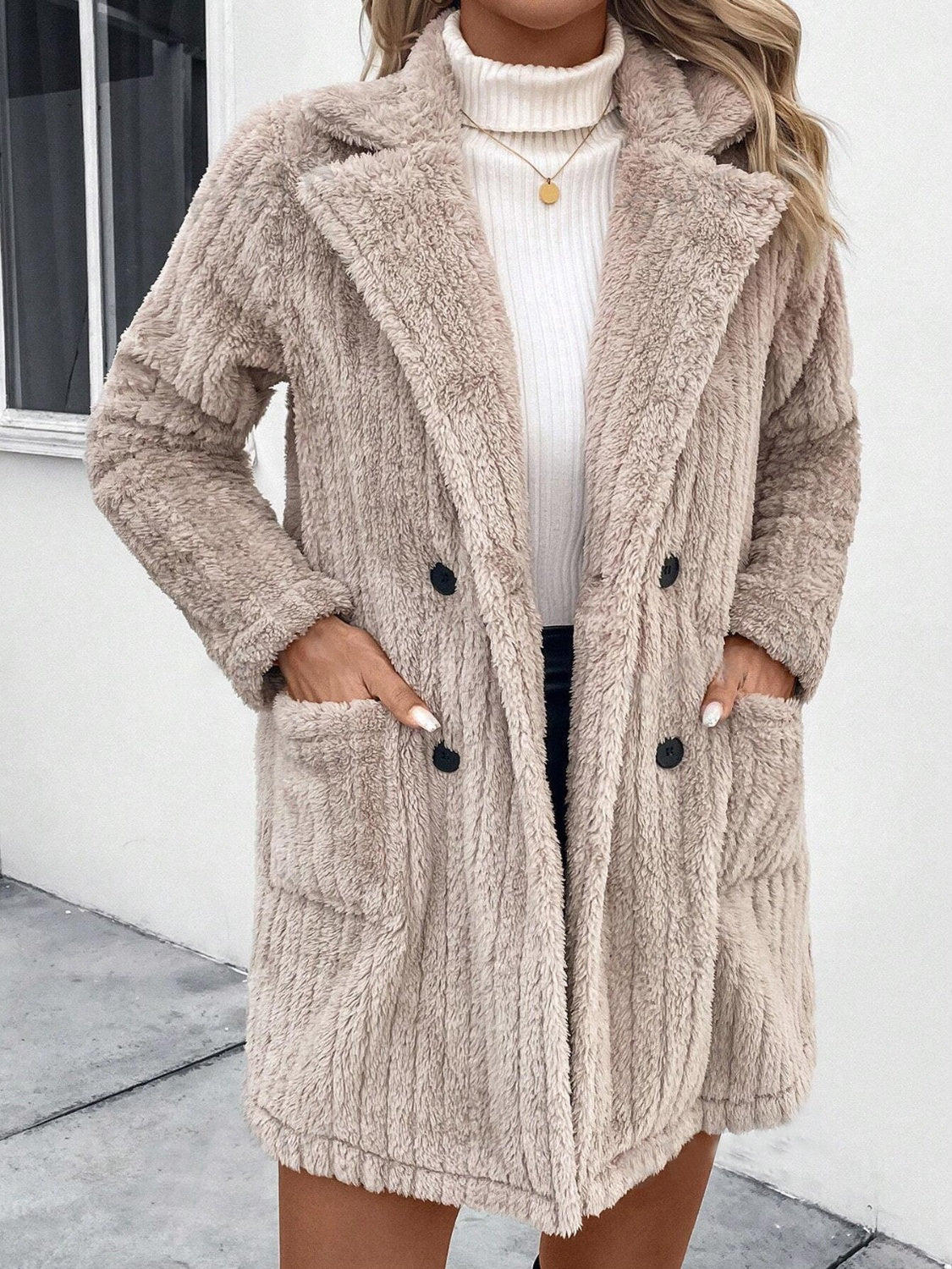Calista Fuzzy Button Up Long Sleeve Coat with Pockets