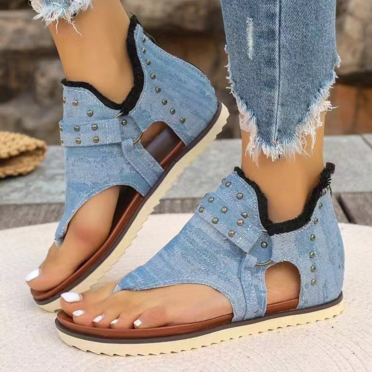 Jordan Studded Raw Hem Flat Sandals