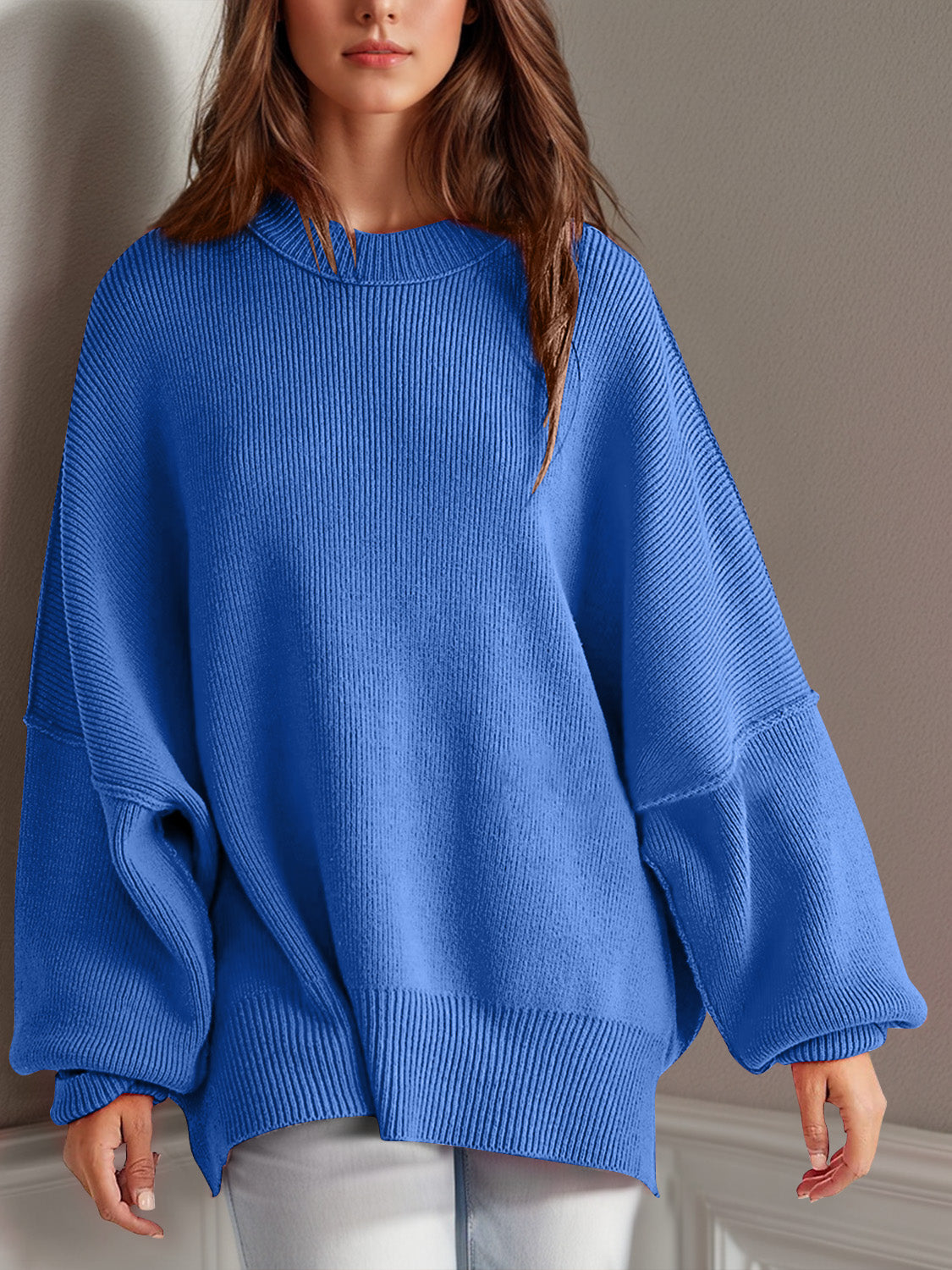 Emerson Double Take Side Slit Round Neck Long Sleeve Sweater