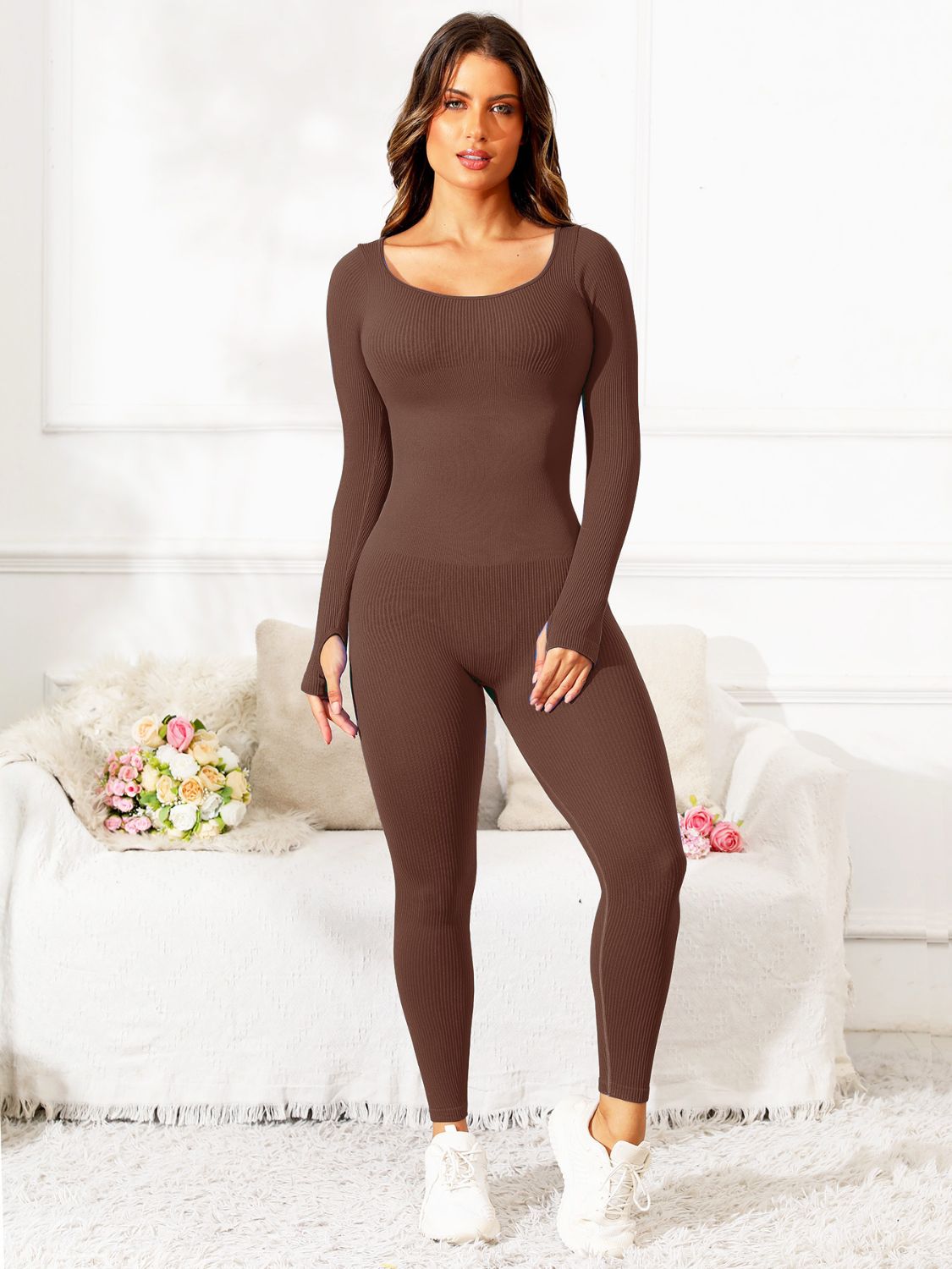 Oanez Scoop Neck Long Sleeve Active Jumpsuit