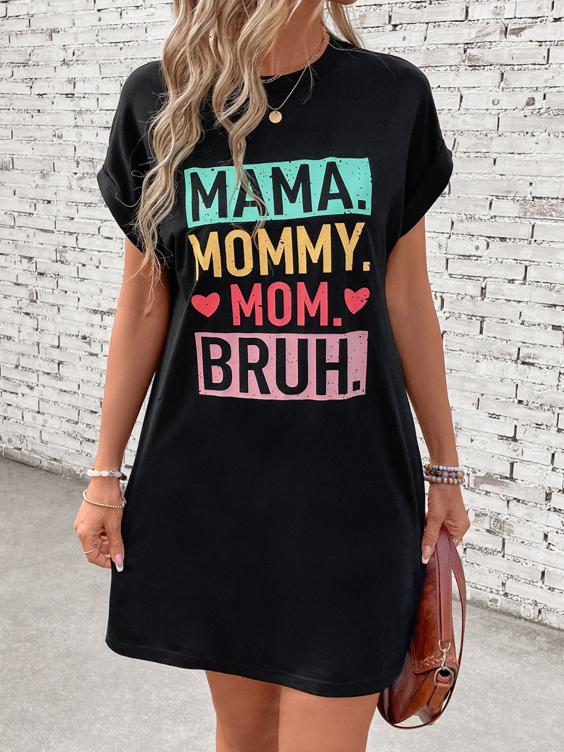 Mama, Mommy, Bruh! Letter Graphic Short Sleeve Mini Tee Dress
