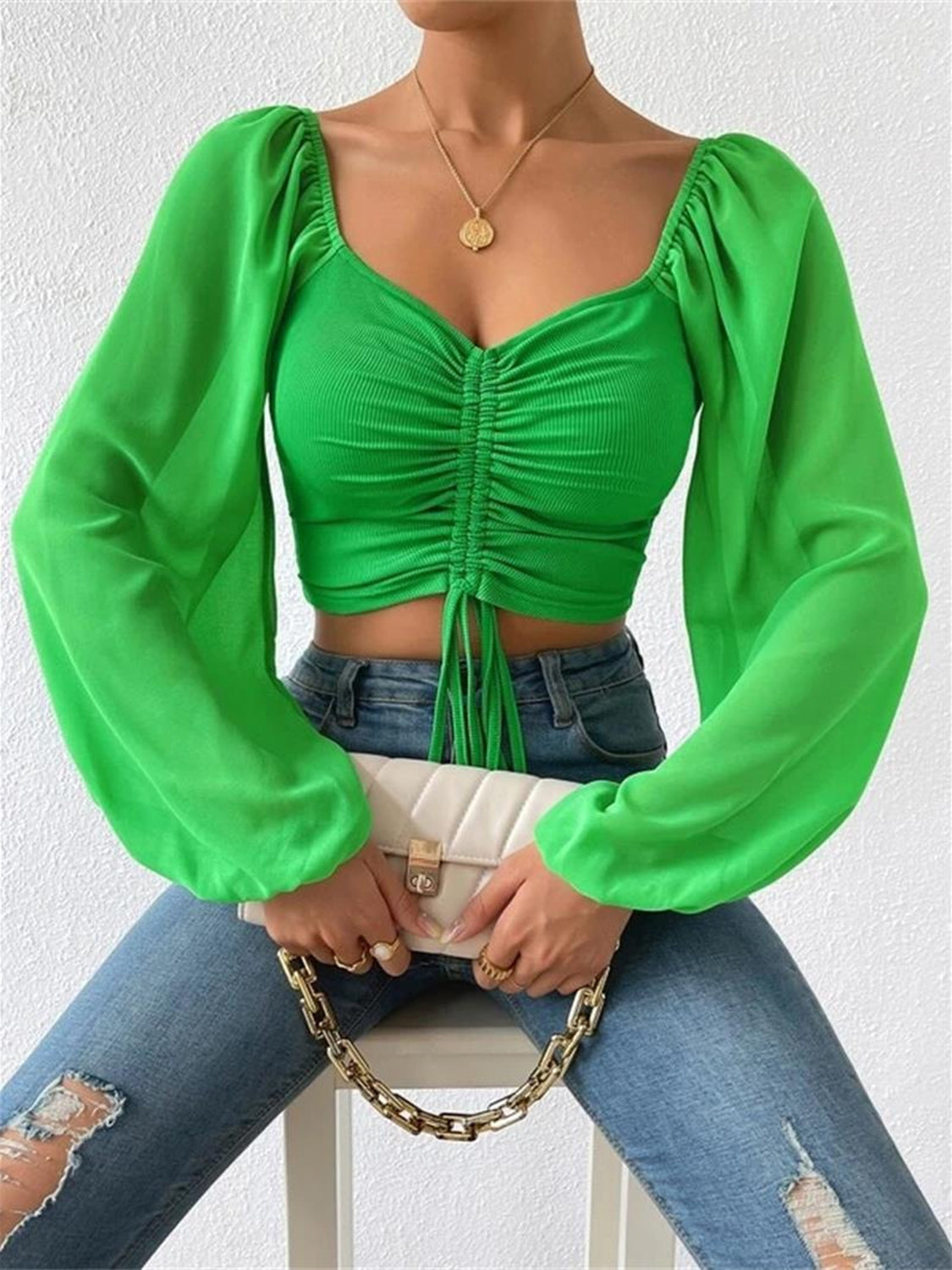 Amanda Drawstring Sweetheart Neck Cropped Top