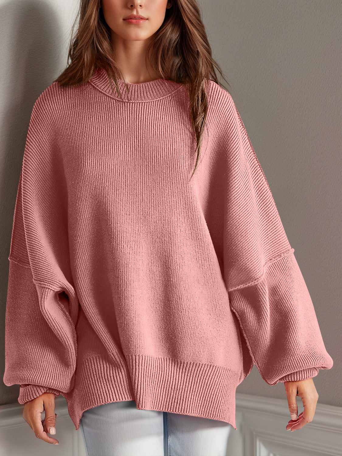 Emerson Double Take Side Slit Round Neck Long Sleeve Sweater