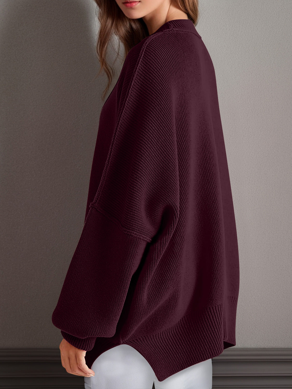 Emerson Double Take Side Slit Round Neck Long Sleeve Sweater