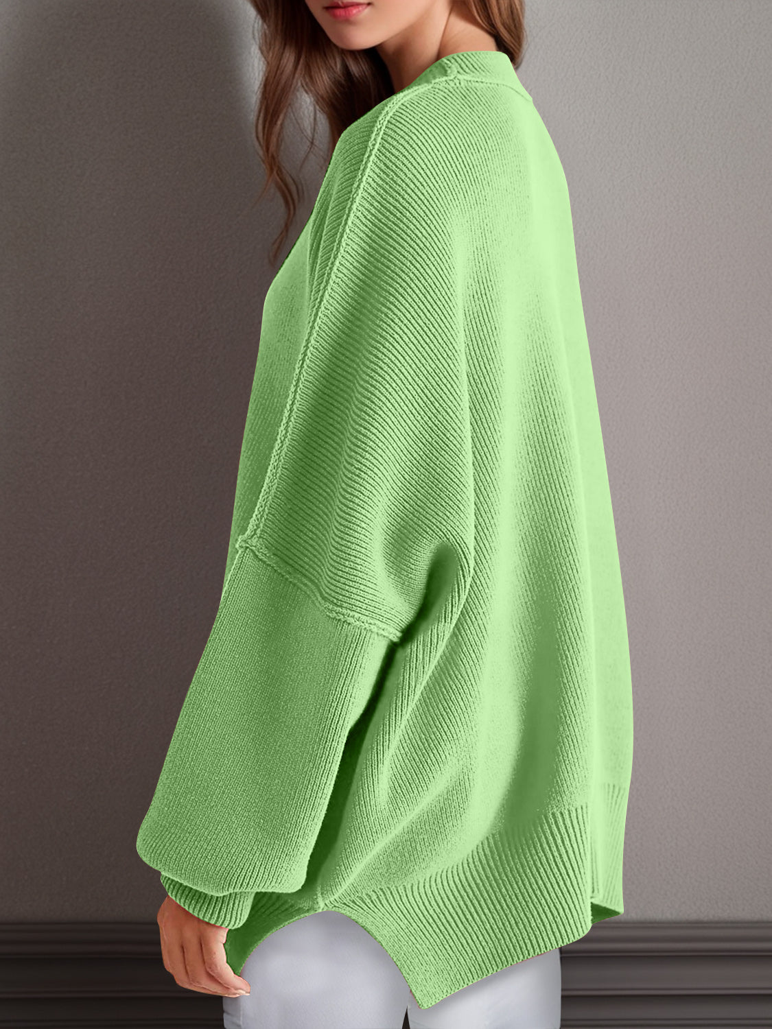 Emerson Double Take Side Slit Round Neck Long Sleeve Sweater