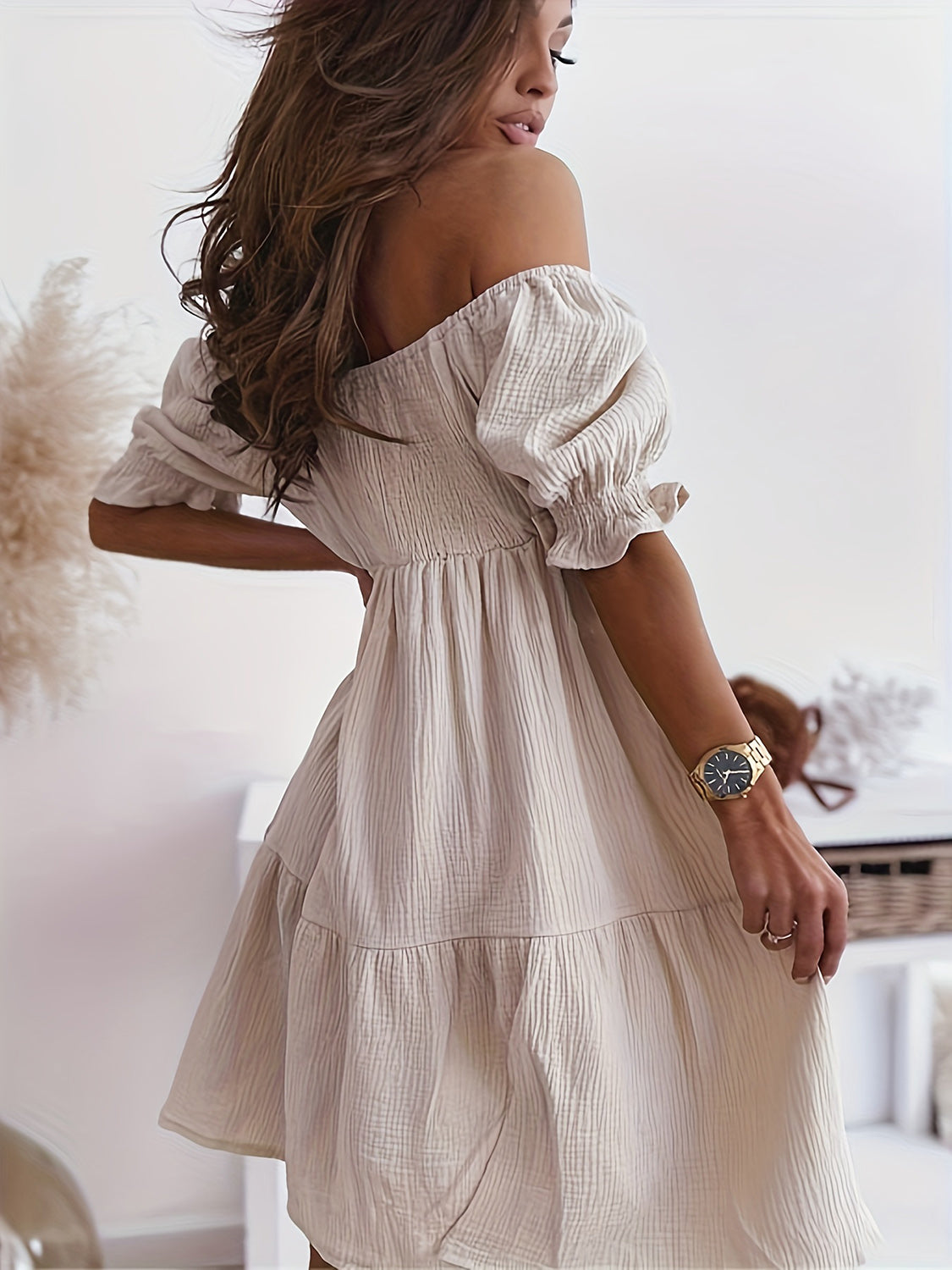 "Candance" Ruffled Off-Shoulder Short Sleeve Dress