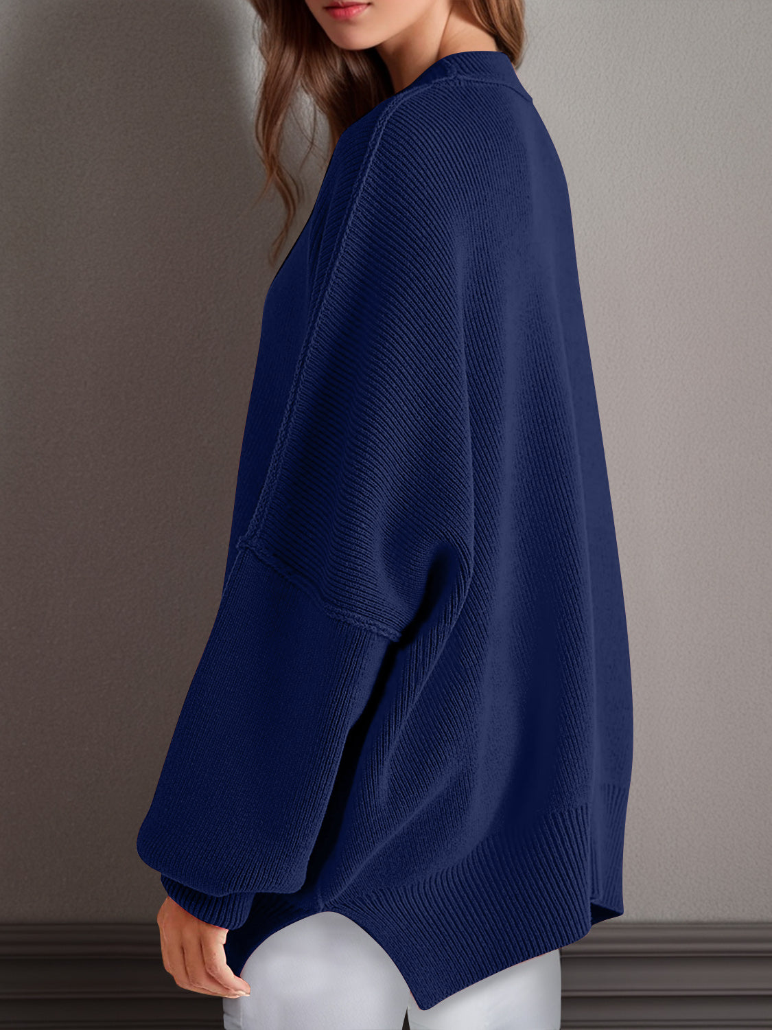 Emerson Double Take Side Slit Round Neck Long Sleeve Sweater