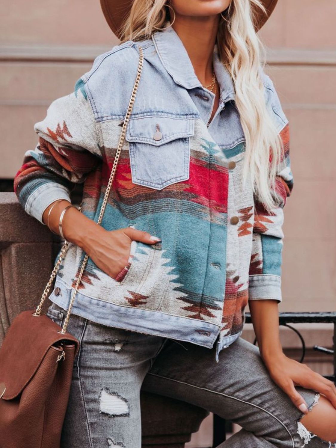 Tillie Geometric Button Up Long Sleeve Denim Jacket