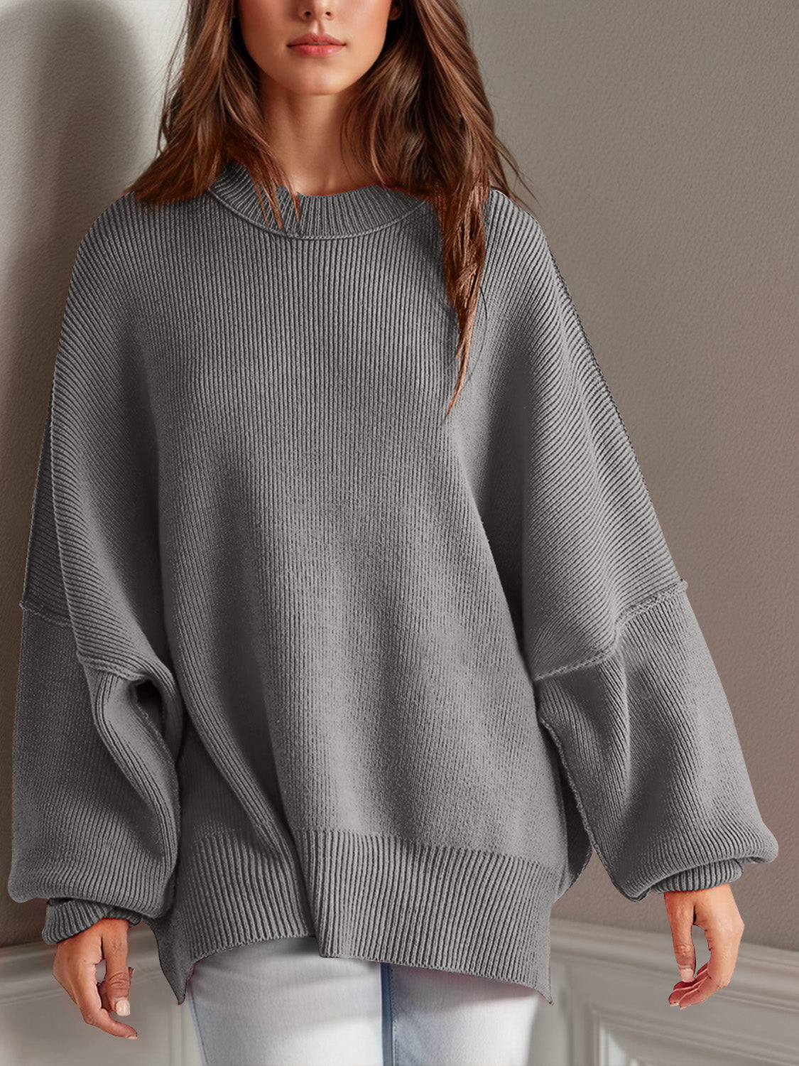 Emerson Double Take Side Slit Round Neck Long Sleeve Sweater