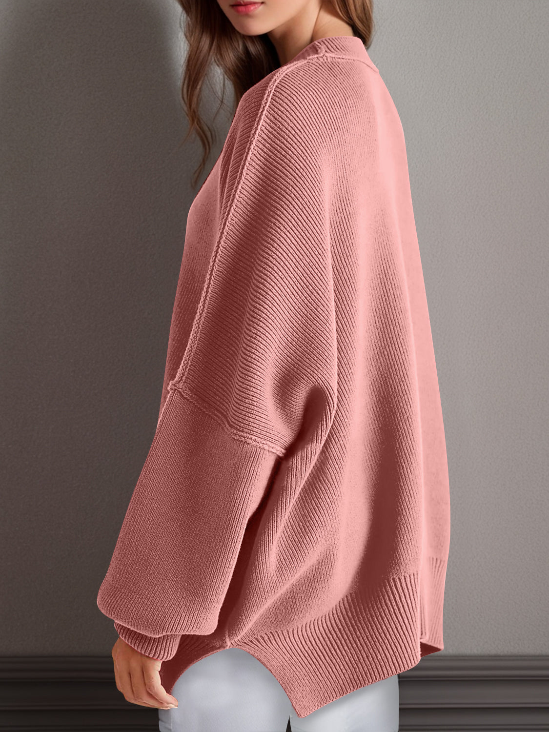 Emerson Double Take Side Slit Round Neck Long Sleeve Sweater