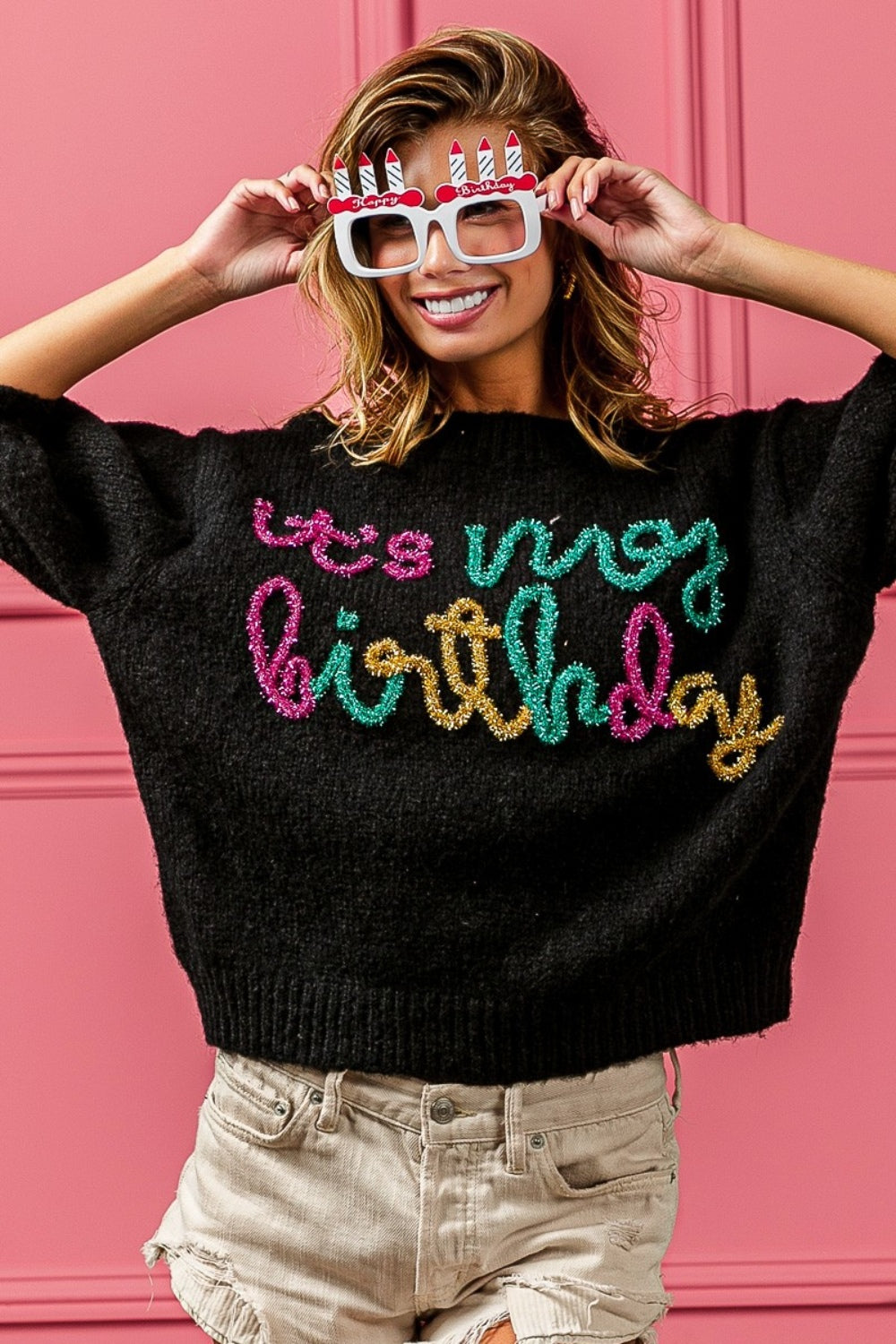 Darcy Metallic Letter Puff Sleeve Hairy Sweater