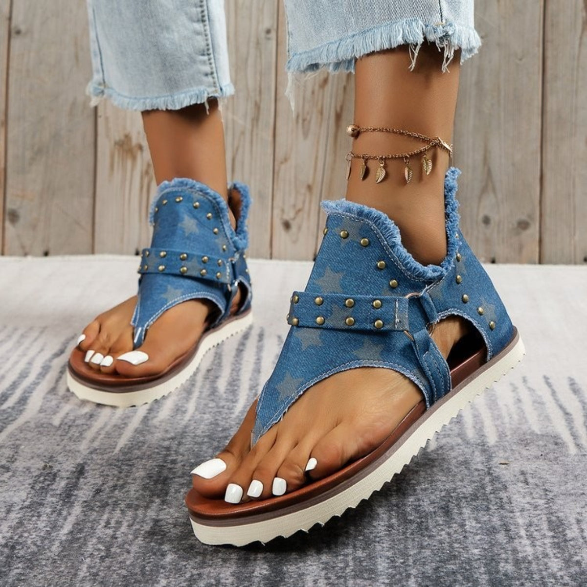 Jordan Studded Raw Hem Flat Sandals
