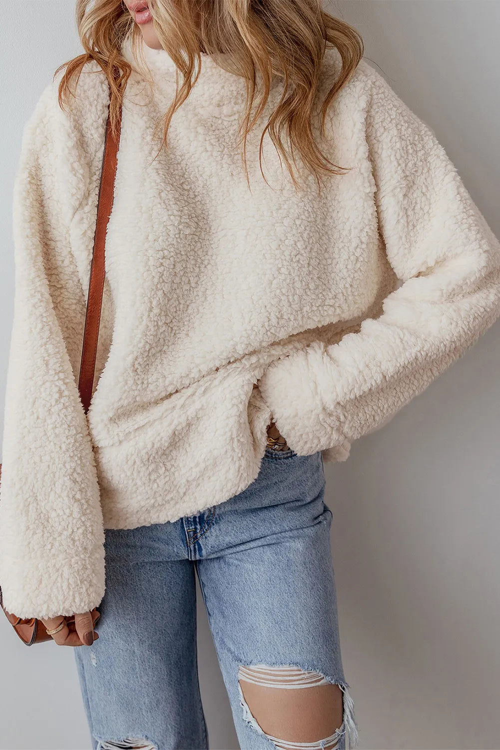 Cozy Classic Turtleneck Long Sleeve Slit Fleece Sweatshirt