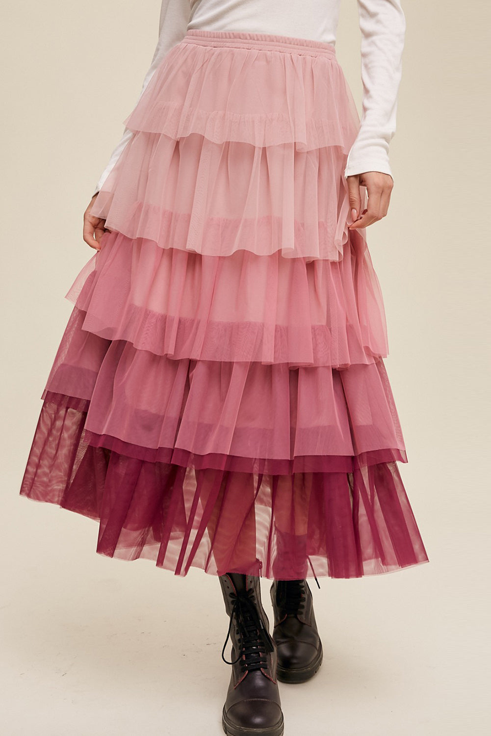 Tulle Hues Elastic Waist Layered Tulle Midi Skirt