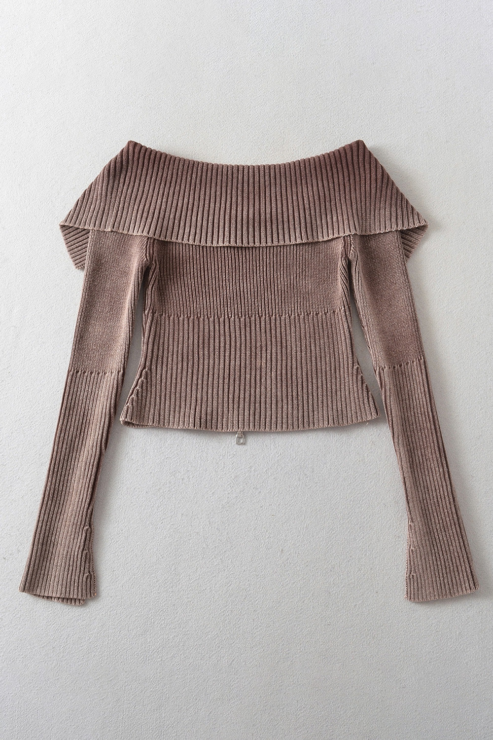 Oh Baby! Double Take Ribbed Off-Shoulder Zip Up Long Sleeve Cardigan