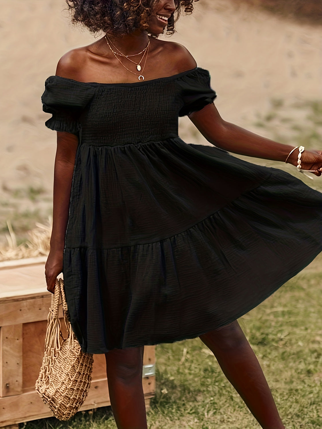 "Candance" Ruffled Off-Shoulder Short Sleeve Dress