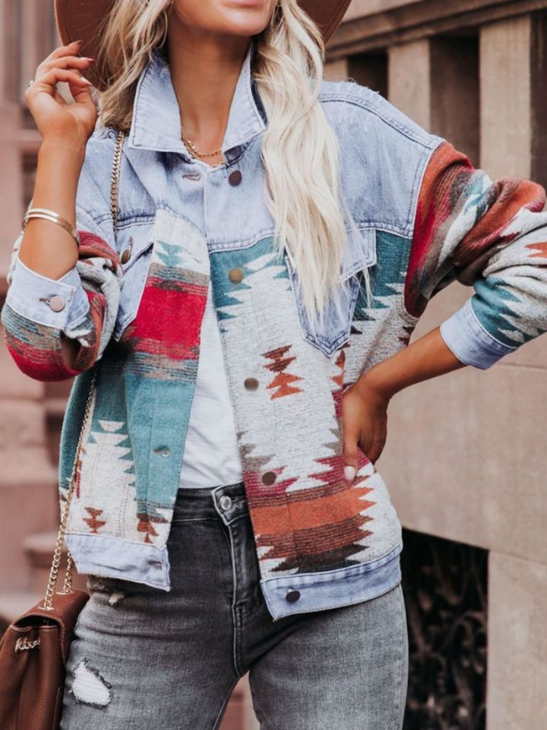 Tillie Geometric Button Up Long Sleeve Denim Jacket