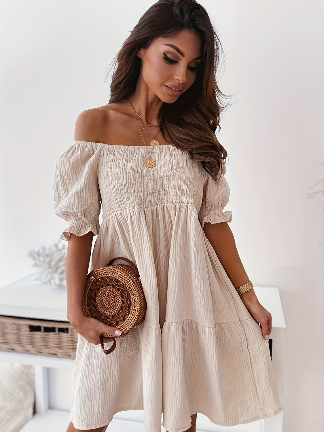 "Candance" Ruffled Off-Shoulder Short Sleeve Dress