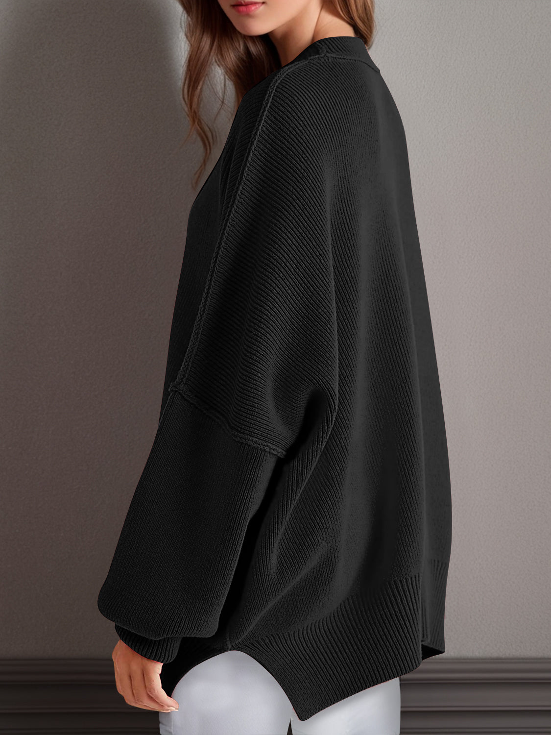 Emerson Double Take Side Slit Round Neck Long Sleeve Sweater