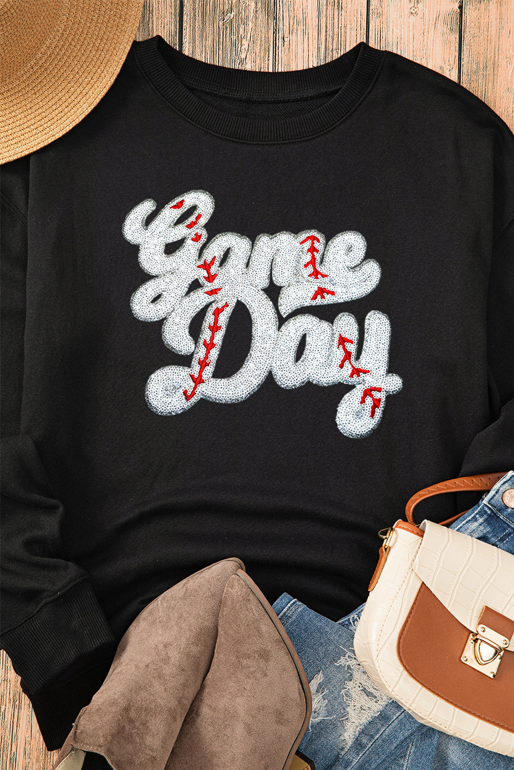 Take me to the Ball Game! Letter Graphic Round Neck Long Sleeve Sweatshirt