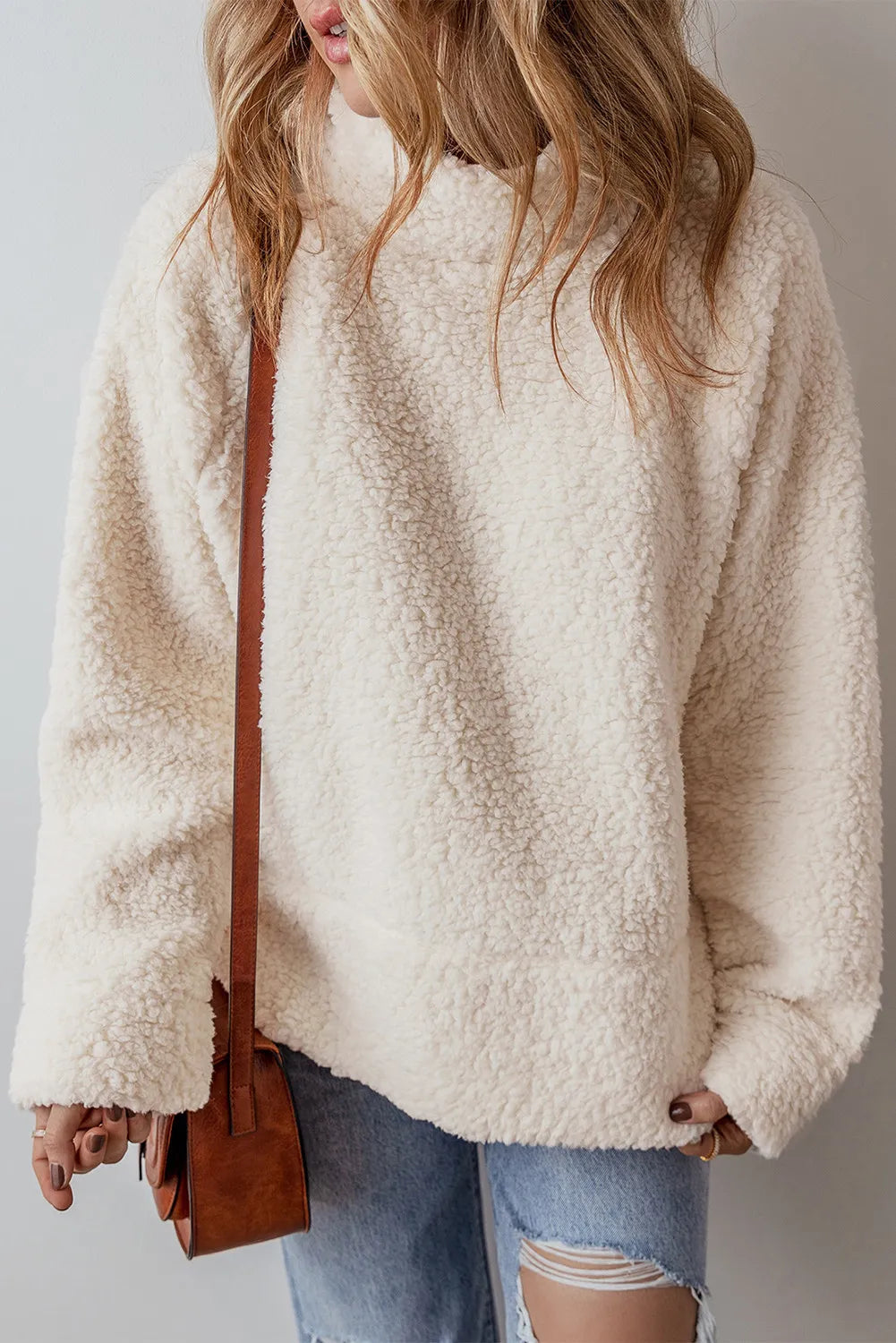 Cozy Classic Turtleneck Long Sleeve Slit Fleece Sweatshirt