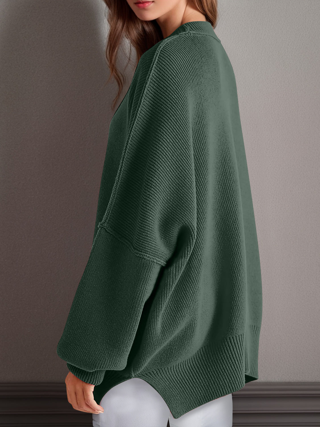 Emerson Double Take Side Slit Round Neck Long Sleeve Sweater