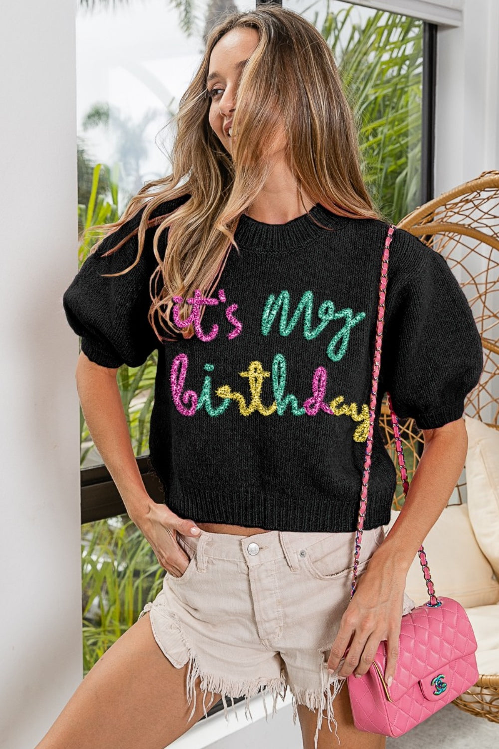 Darcy Metallic Letter Puff Sleeve Hairy Sweater