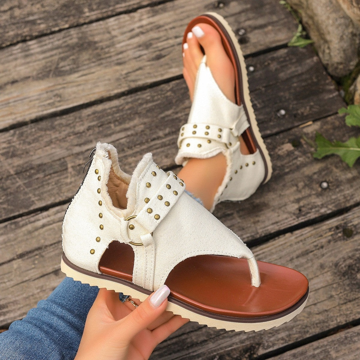 Jordan Studded Raw Hem Flat Sandals