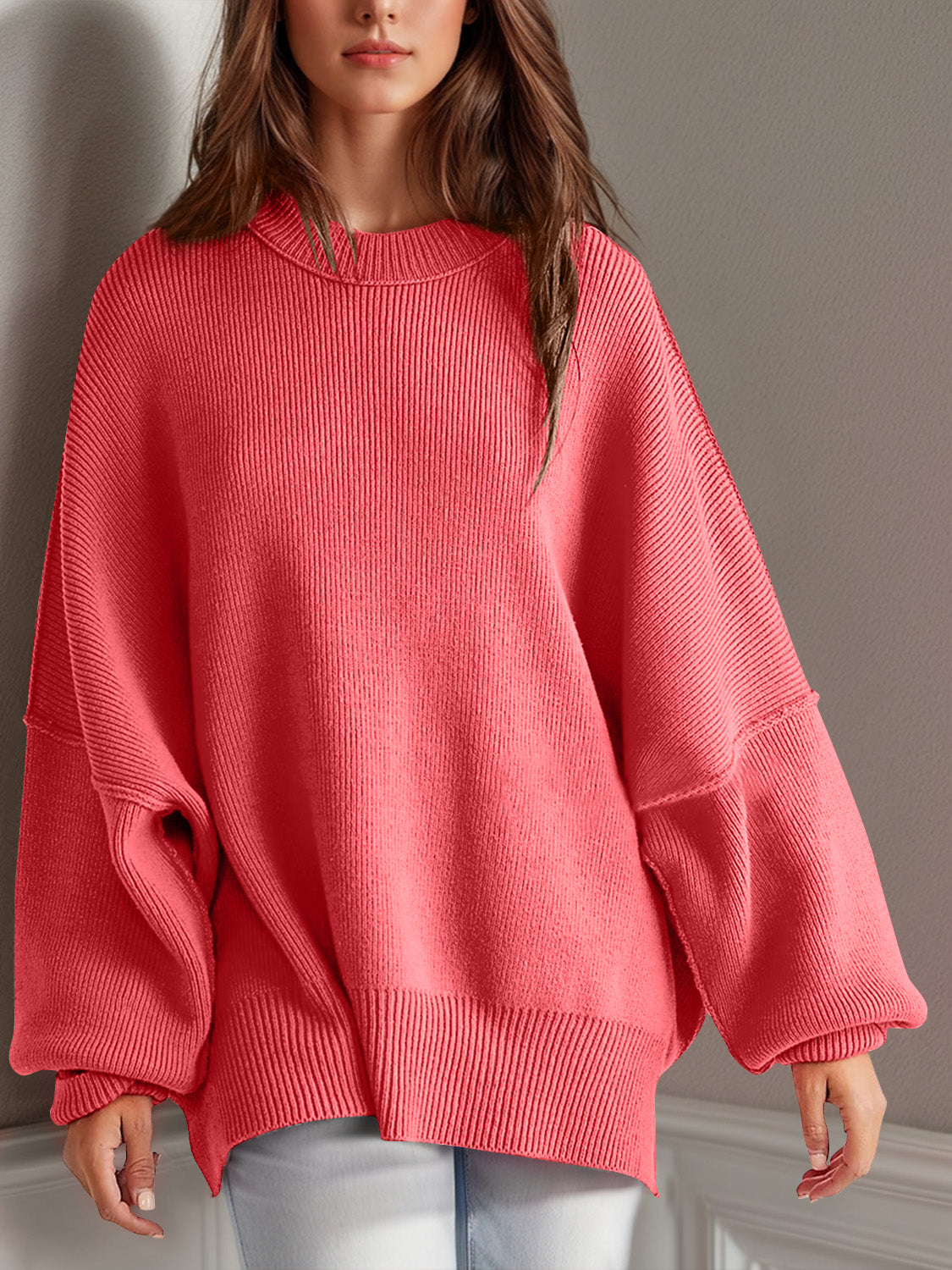 Emerson Double Take Side Slit Round Neck Long Sleeve Sweater