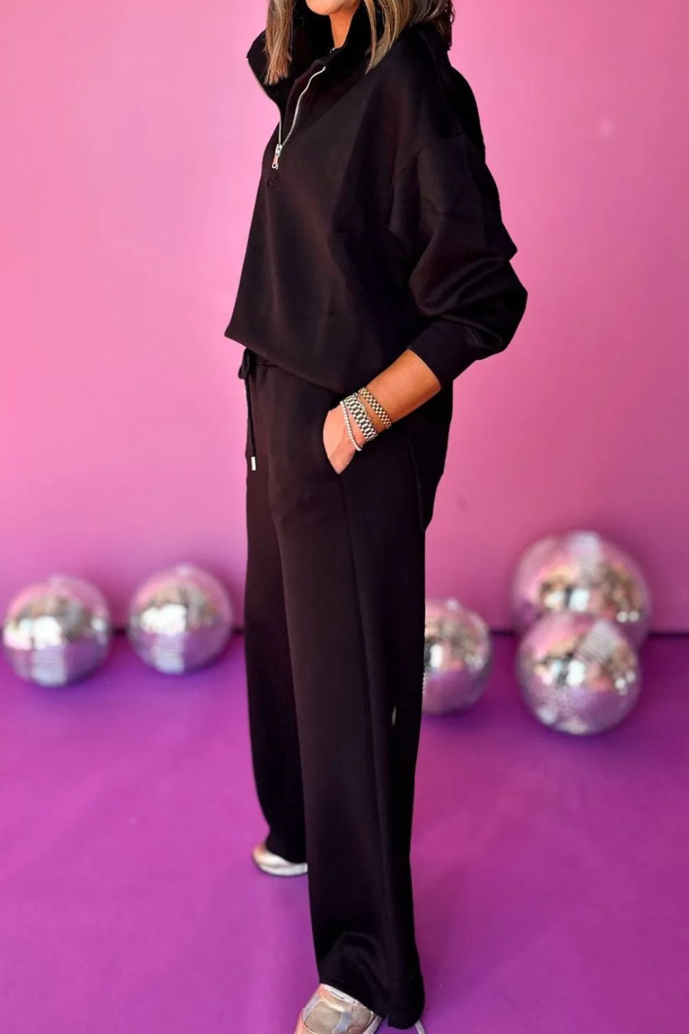 Snugged-Up Chic Half Zip Turtleneck Long Sleeve Top and Pants Set