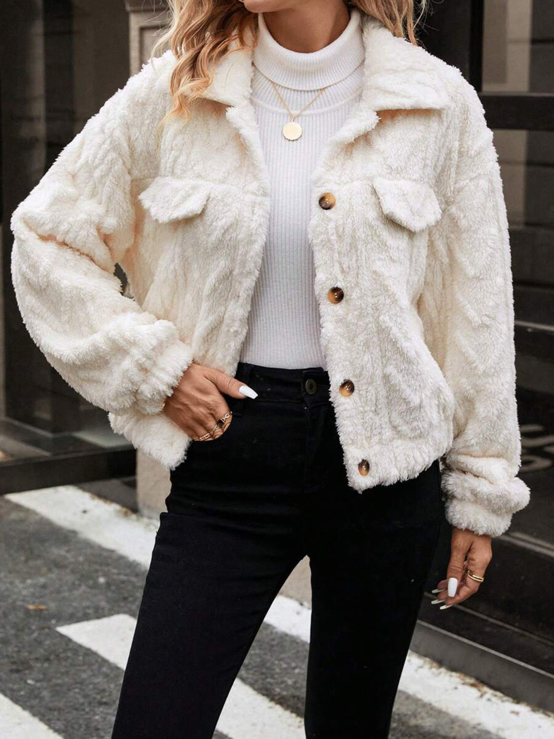 Avelina Button Up Long Sleeve Fuzzy Outerwear