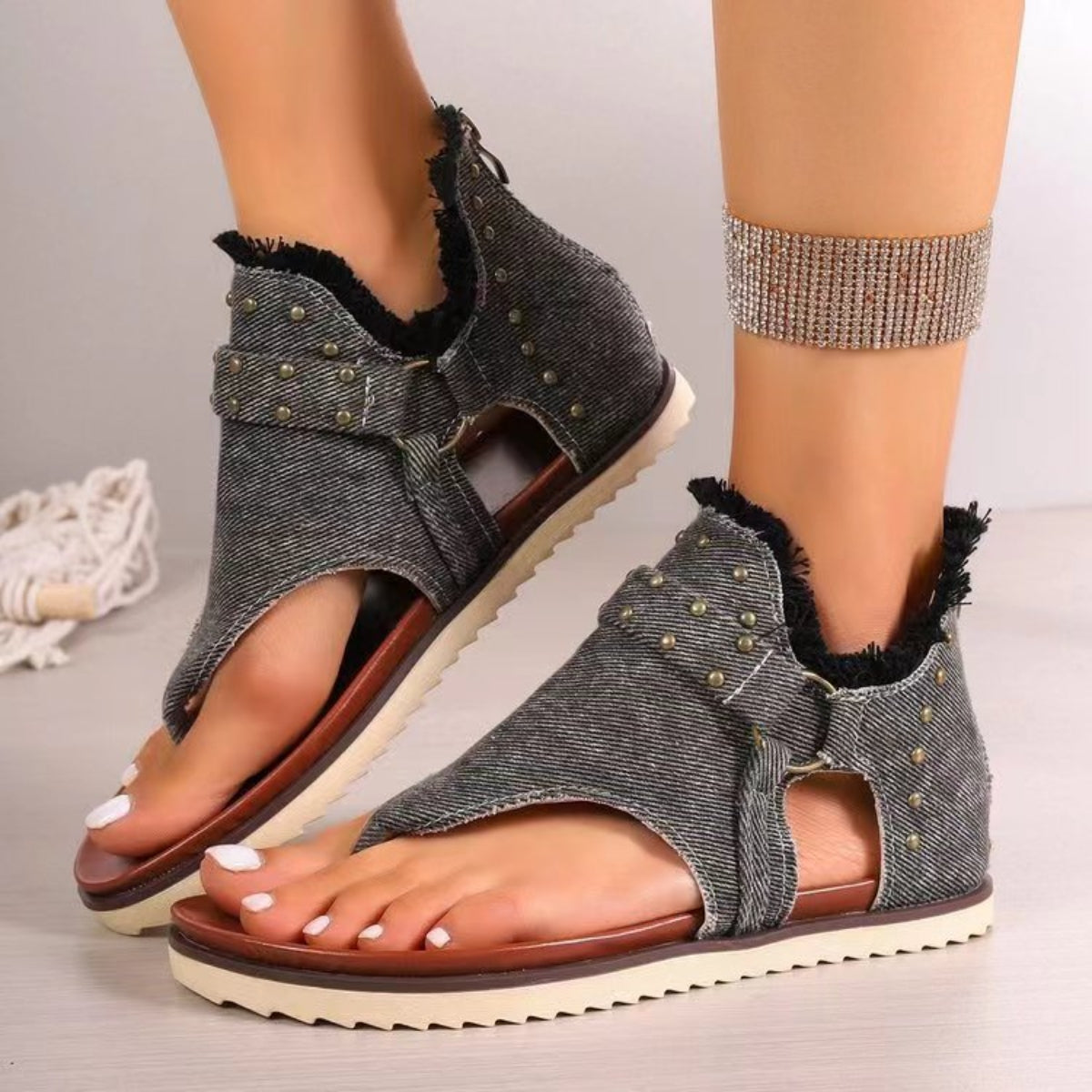 Jordan Studded Raw Hem Flat Sandals