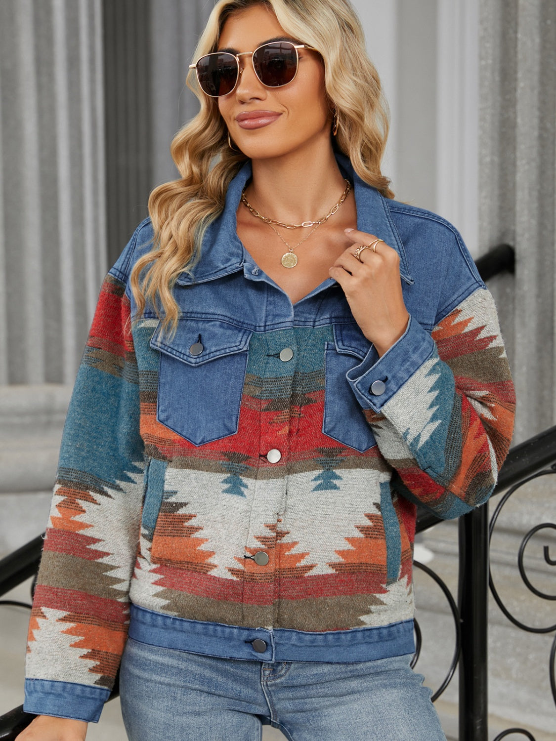 Sable Geometric Button Up Long Sleeve Denim Jacket