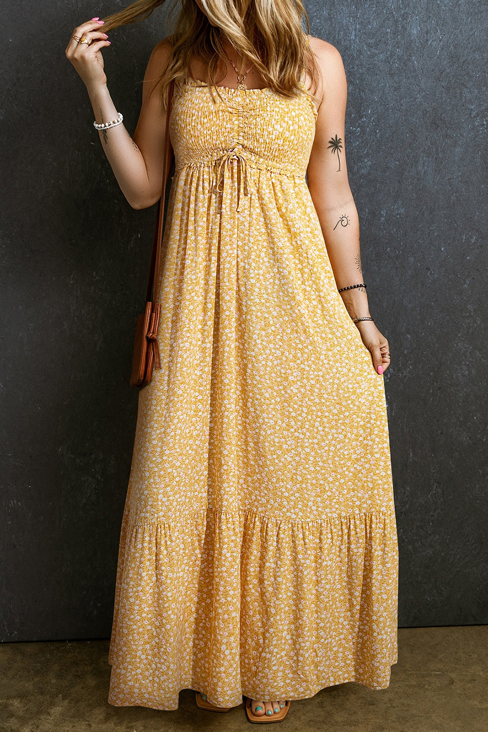 "Fresh Daisies" Smocked Printed Square Neck Maxi Cami Dress