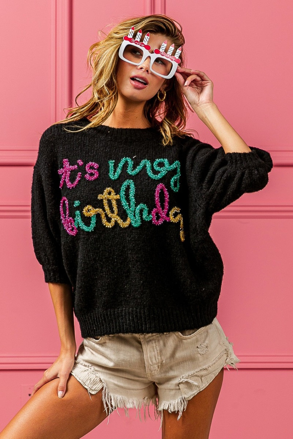 Darcy Metallic Letter Puff Sleeve Hairy Sweater