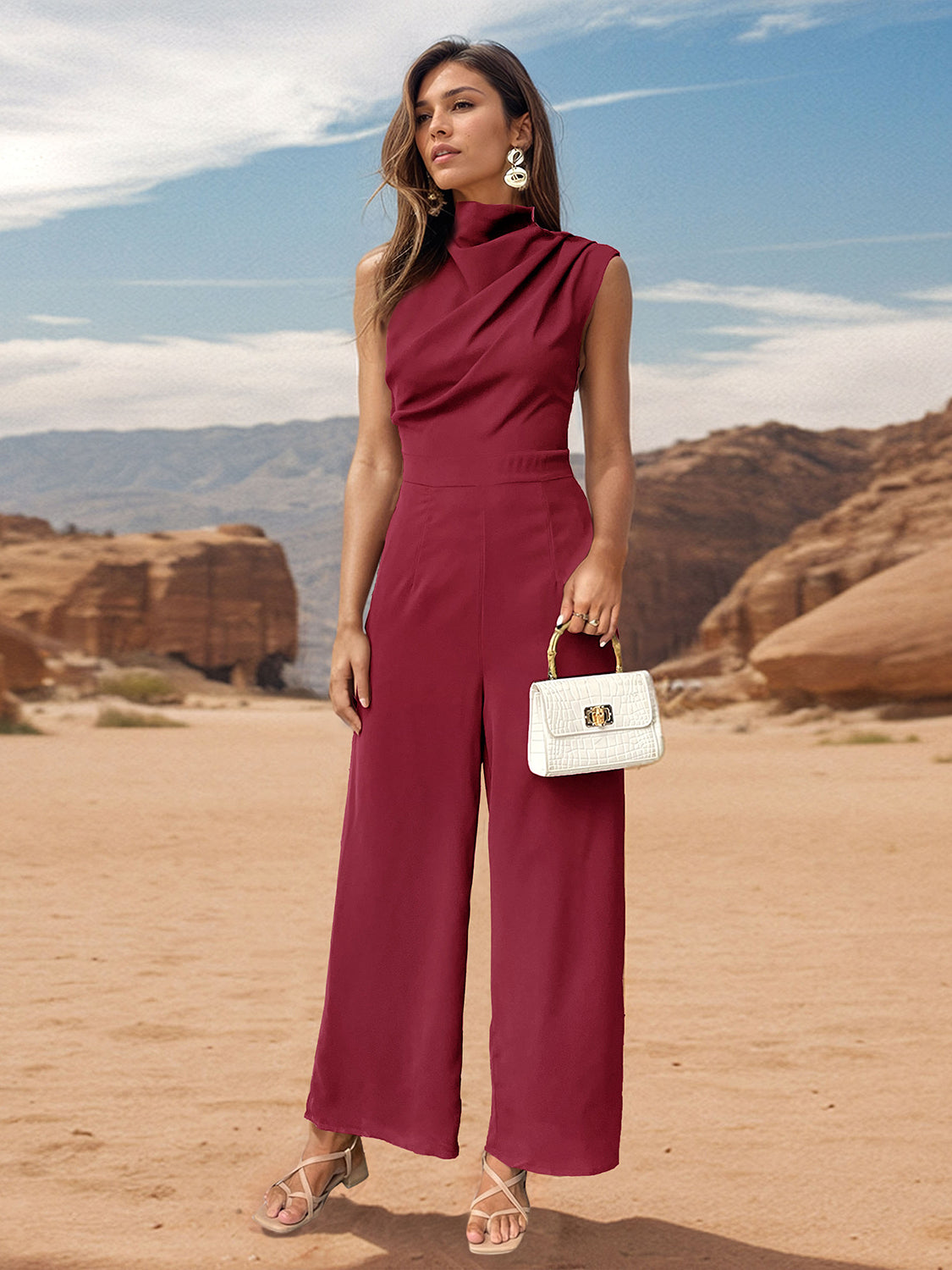 Elayna Ruched Mock Neck Sleeveless Jumpsuit