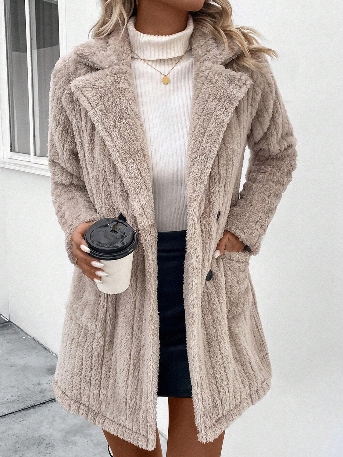 Calista Fuzzy Button Up Long Sleeve Coat with Pockets