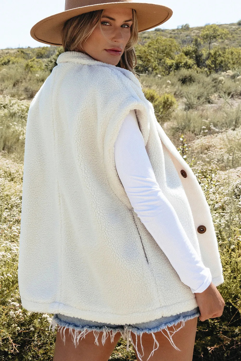 Reina Fuzzy Mock Neck Button Up Vest Coat