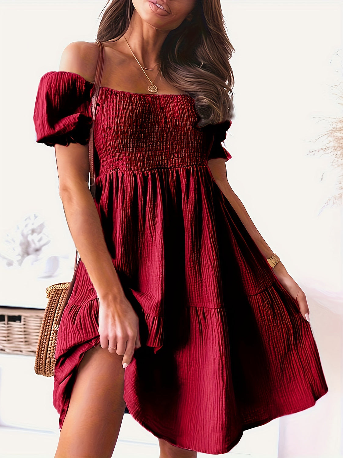 "Candance" Ruffled Off-Shoulder Short Sleeve Dress