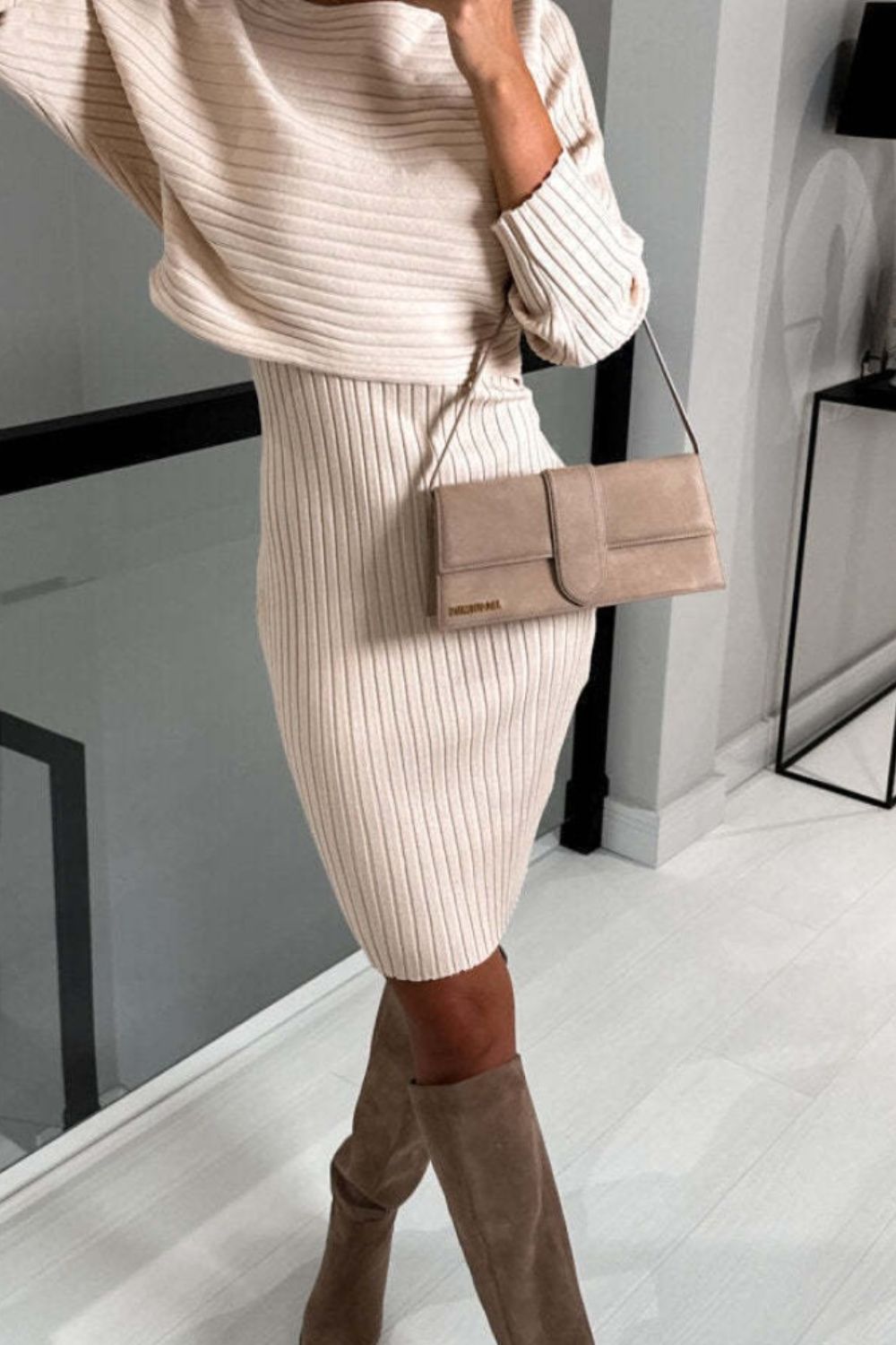 Wrapped Up Cozy Ribbed Round Neck Top and Cami Dress Sweater Set
