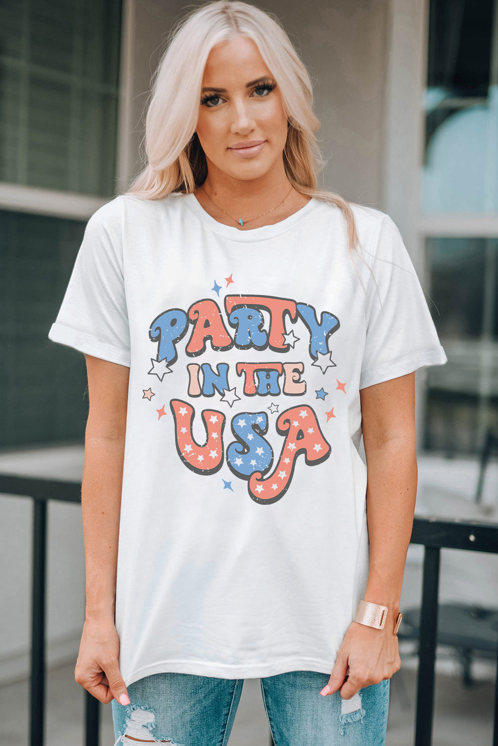 "Party in the USA" Graphic Round Neck Short Sleeve T-Shirt