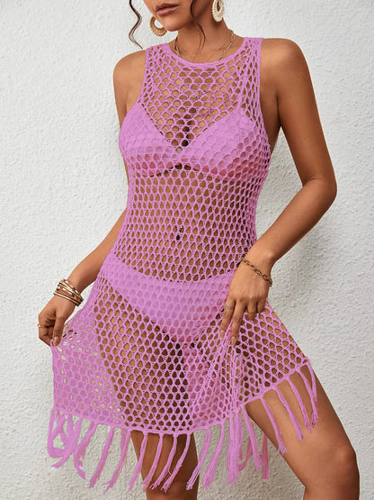 "Dancing in the Sun" Tassel Hem Hollow Out Sleeveless Cover Up
